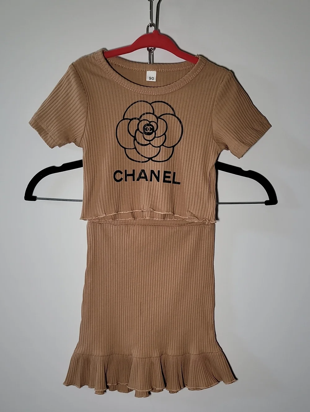CHANEL Tan Ribbed Crop Top & Skirt Set with Camellia Logo